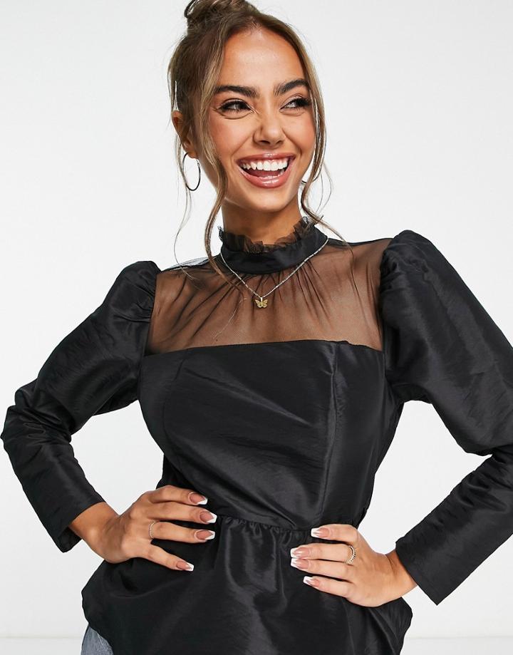 New Look High Neck Sheer Peplum Top In Black