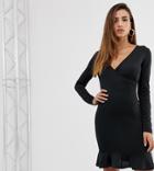 Missguided Wrap Dress With Frill Hem In Black - Black