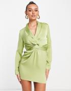 Lola May Satin Tie Front Mini Dress In Chartreuse-green