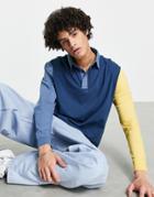 Asos Design Relaxed Long Sleeve Polo T-shirt In Blue And Yellow Color Block-multi