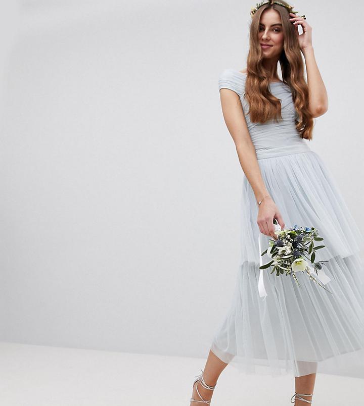 Maya Tall Bardot Tulle Bridesmaid Body With Wrap Bow Detail - Blue
