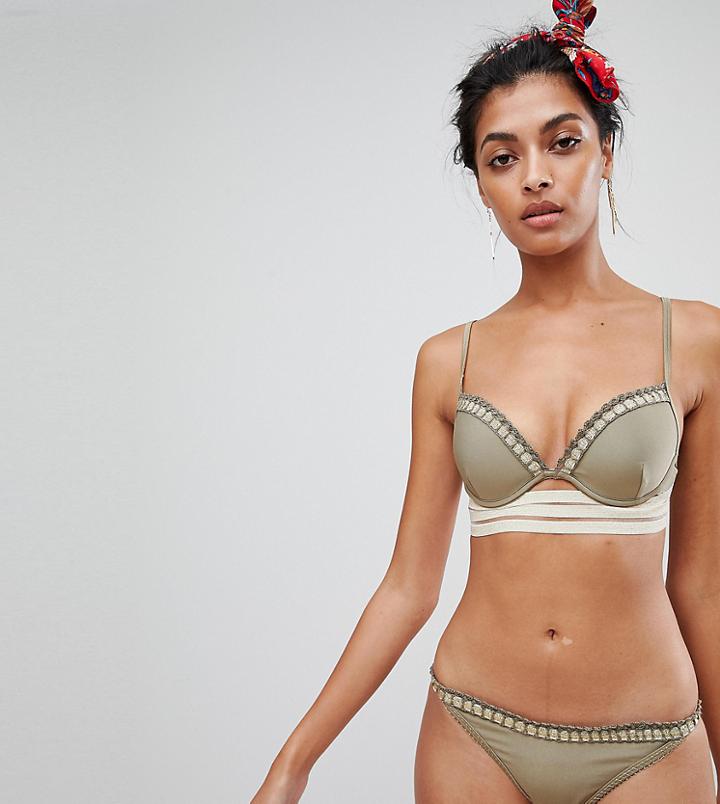 River Island Plunge Bikini Top With Gold Trim In Khaki - Green