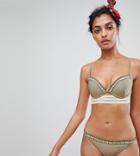 River Island Plunge Bikini Top With Gold Trim In Khaki - Green