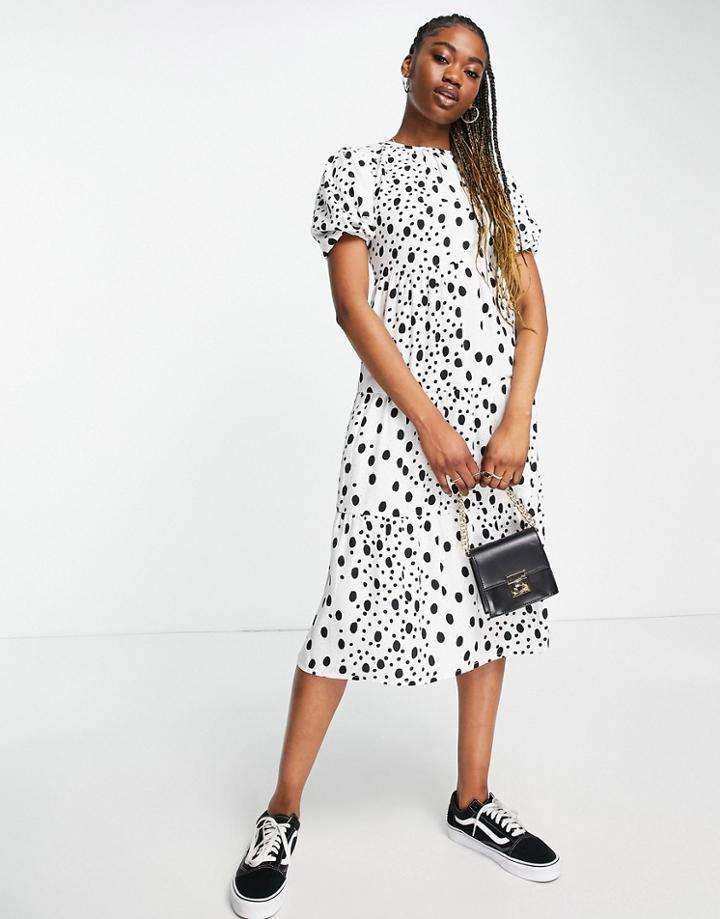 Influence Smock Midi Dress In White Polka Dot