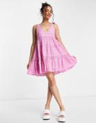 Miss Selfridge Broderie Tiered Swing Smock Dress In Hot Pink