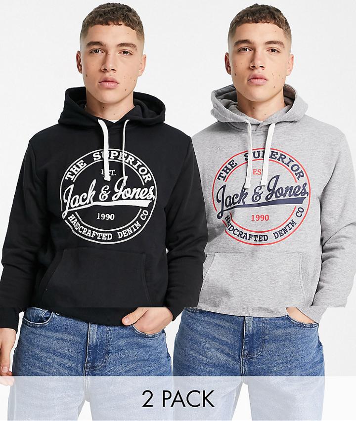 Jack & Jones 2 Pack Overhead Hoodie In Black Light Gray