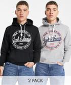 Jack & Jones 2 Pack Overhead Hoodie In Black Light Gray