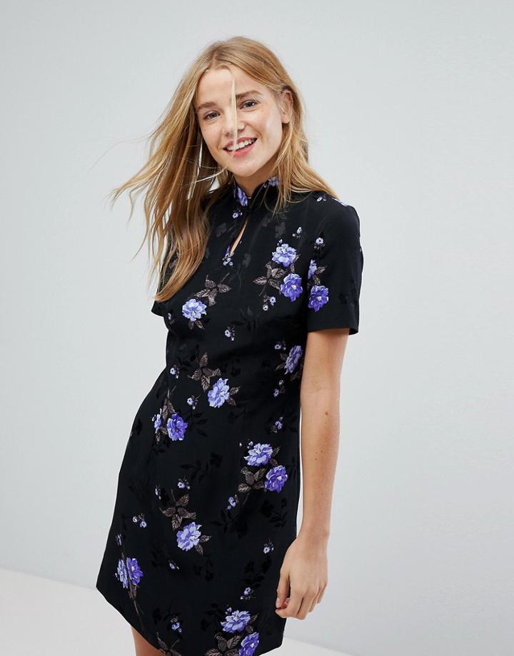Nobody's Child High Neck Dress With Key Hole Detail In Floral - Purple