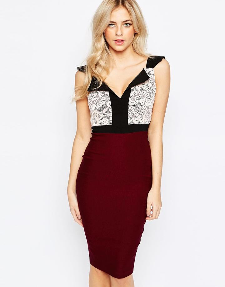 Vesper Lace Top Pencil Dress With Plunge Front Detail