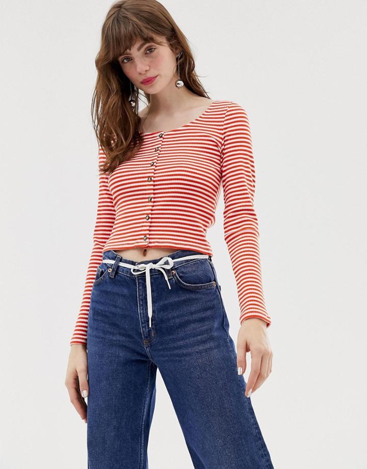 Monki Ribbed Stripe Top In Red - Red