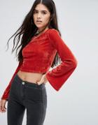 Pixie & Diamond Velour Crop Top With Bell Sleeves - Red