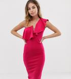 Missguided Petite One Shoulder Plunge Midi Dress With Frill Trim In Hot Pink - Pink