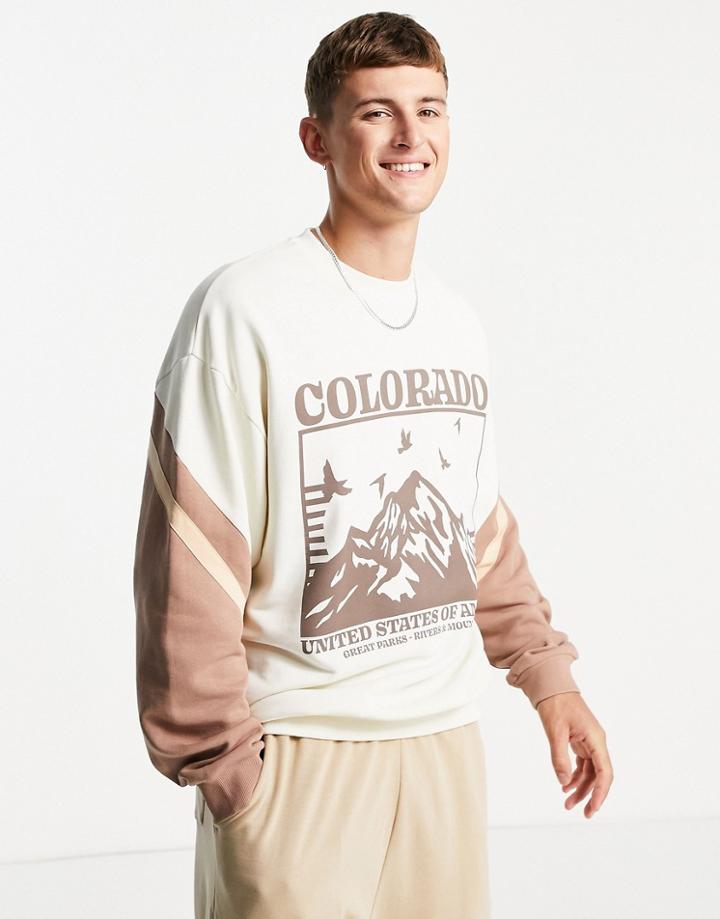 Asos Design Oversized Sweatshirt With Color Block Stripe Detail And Chest Print-neutral