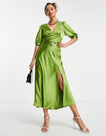 Asos Design Belted Satin Midi Tea Dress In Green