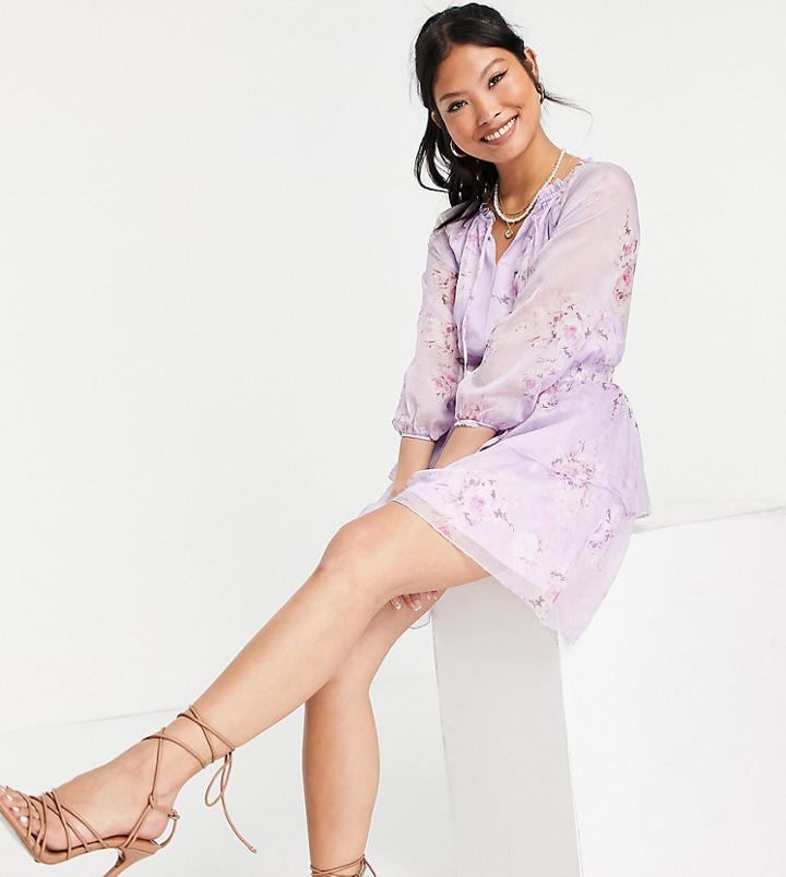 Parisian Petite Tie Neck Mini Dress In Lilac Floral Print-purple