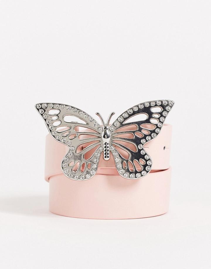 Asos Design Waist And Hip Belt With Butterfly Buckle In Pink