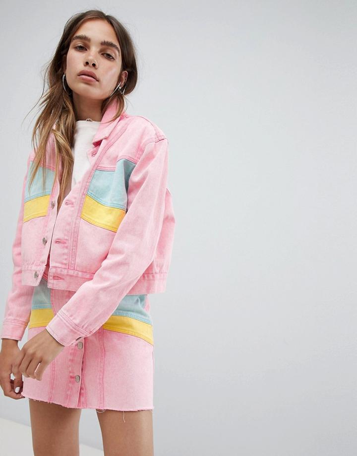 Signature 8 Retro Color Block Denim Jacket - Pink