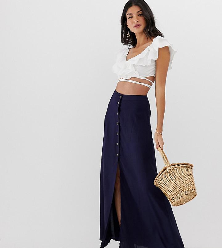 Asos Design Tall Button Front Maxi Skirt-navy