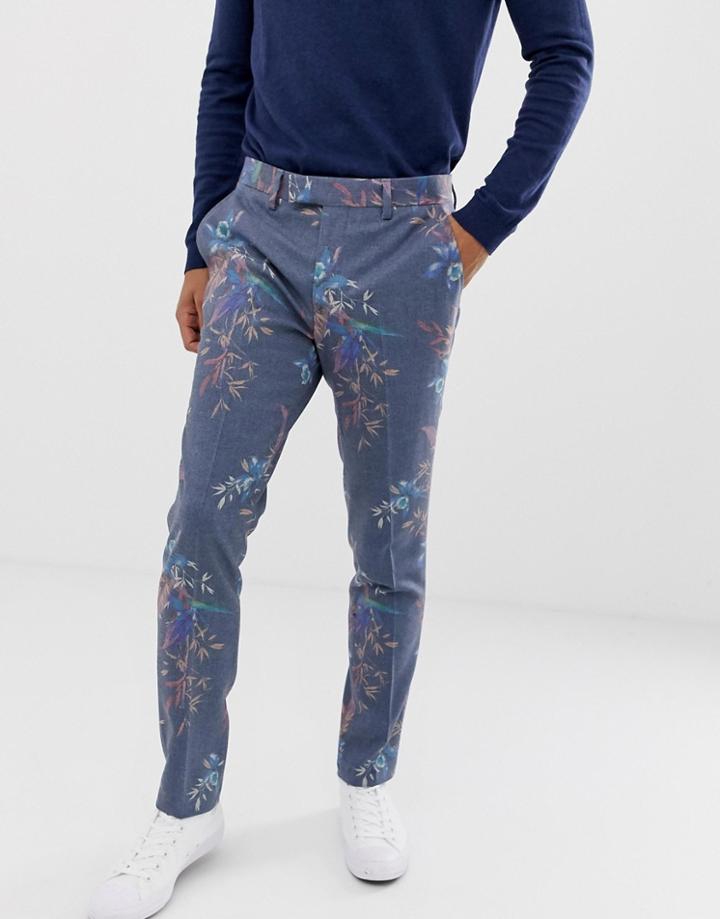 Asos Design Skinny Suit Pants In Printed Blue Floral Wool Mix - Blue