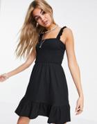 Topshop Shirred Flippy Mini Dress In Black