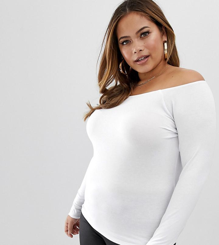 Asos Design Curve Off Shoulder Top With Long Sleeve In White - White