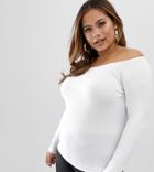 Asos Design Curve Off Shoulder Top With Long Sleeve In White - White