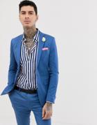 Devils Advocate Super Skinny Plain Cotton Sateen Stretch Suit Jacket - Blue