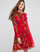 Asos Tea Dress In Floral Print With Button Detail - Red