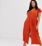 Asos Design Curve Button Front Frill Sleeve Jumpsuit With Cut Out Back - Red