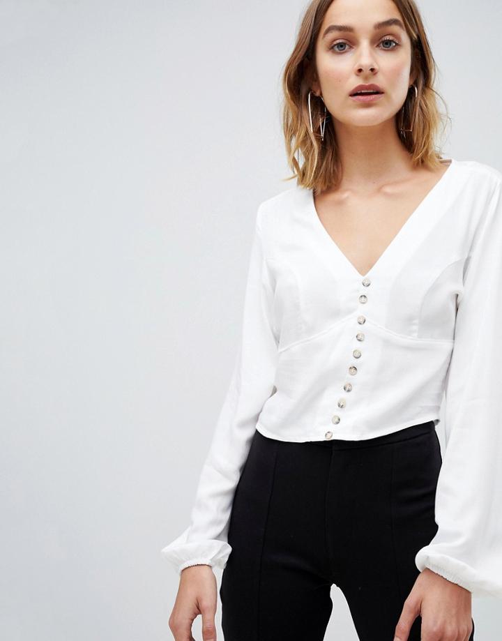 Stradivarius Button Front Blouse In White - White