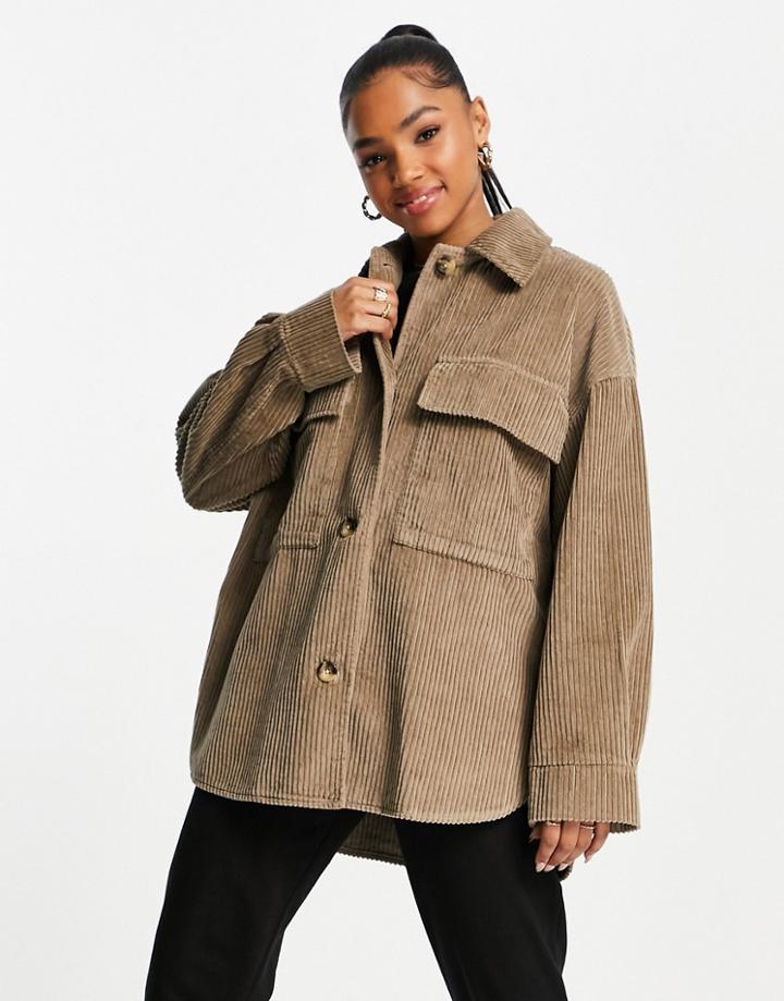 Asos Design Jumbo Cord Shacket In Stone-brown