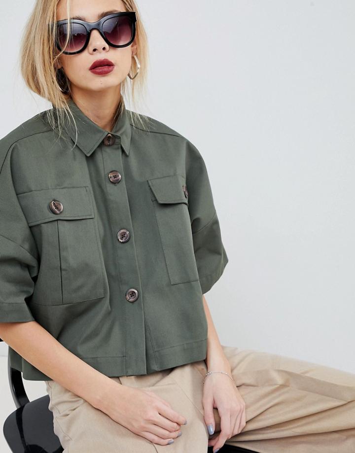 Asos Design Cropped Utility Shirt In Twill - Green