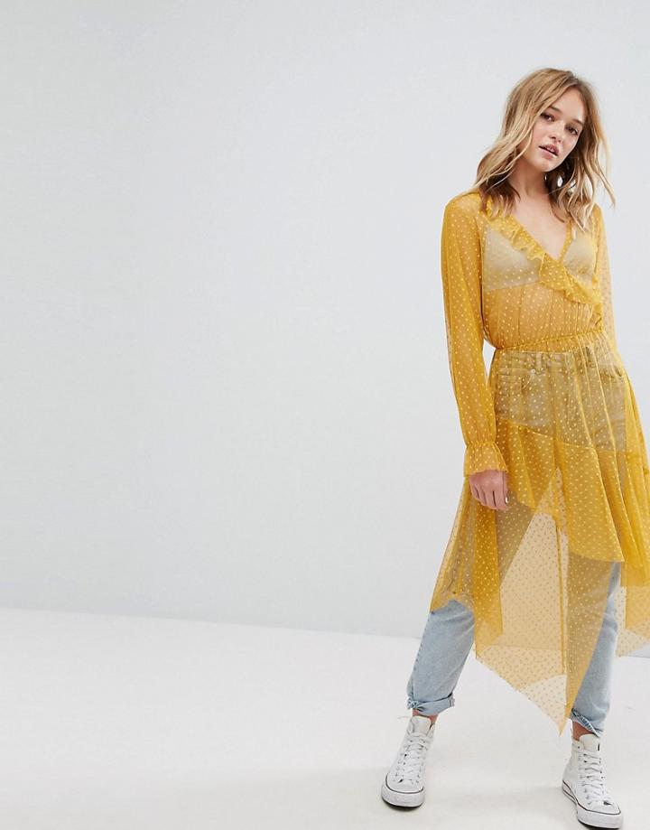 Bershka Dobby Mesh Maxi Dress - Yellow