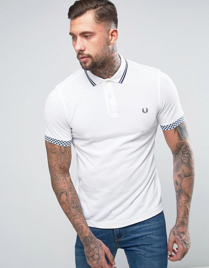 Fred Perry Slim Pique Polo Checkerboard Trim In White - White