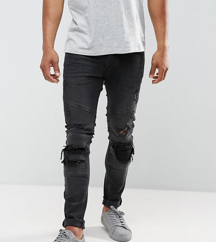 Just Junkies Slim Biker Jeans With Abrasions - Black