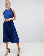 Asos Pleated Midi Dress With Ruffle Open Back - Blue