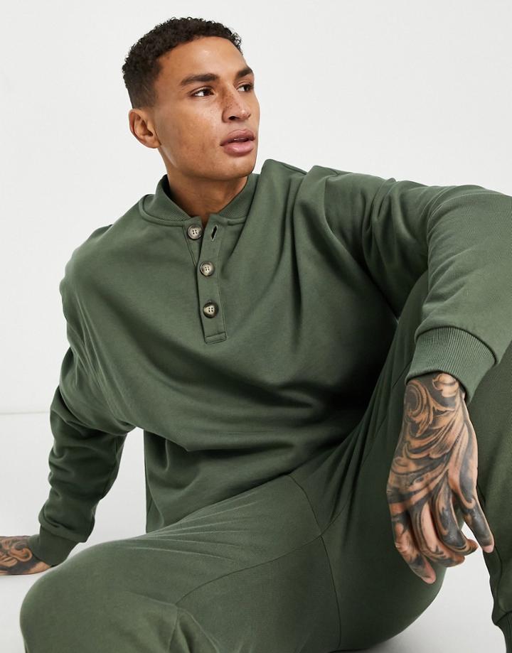 Asos Design Oversized Baseball Neck Sweatshirt In Khaki - Part Of A Set-green