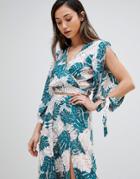 Influence Beach Two-piece Top With Summer Palm Print And Fluted Sleeve-green
