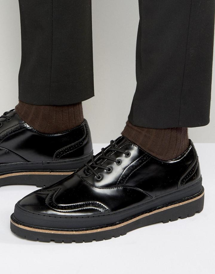 Pull & Bear Brogues With Stacked Rubber Sole In Black - Black