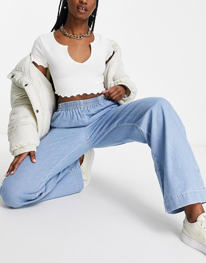 Asos Design Lightweight Pull On Wide Leg Jeans In Brightwash-blues