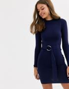 Lipsy High Neck Knitted Dress With Belt Detail In Navy