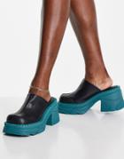 Topshop Wax Premium Leather Chunky Heeled Mule In Teal-blue