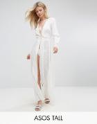 Asos Tall Beach Premium Embroidered Maxi Cover Up With Long Sleeves - Cream