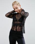Asos Sheer Lace Blouse With Ruffle - Black