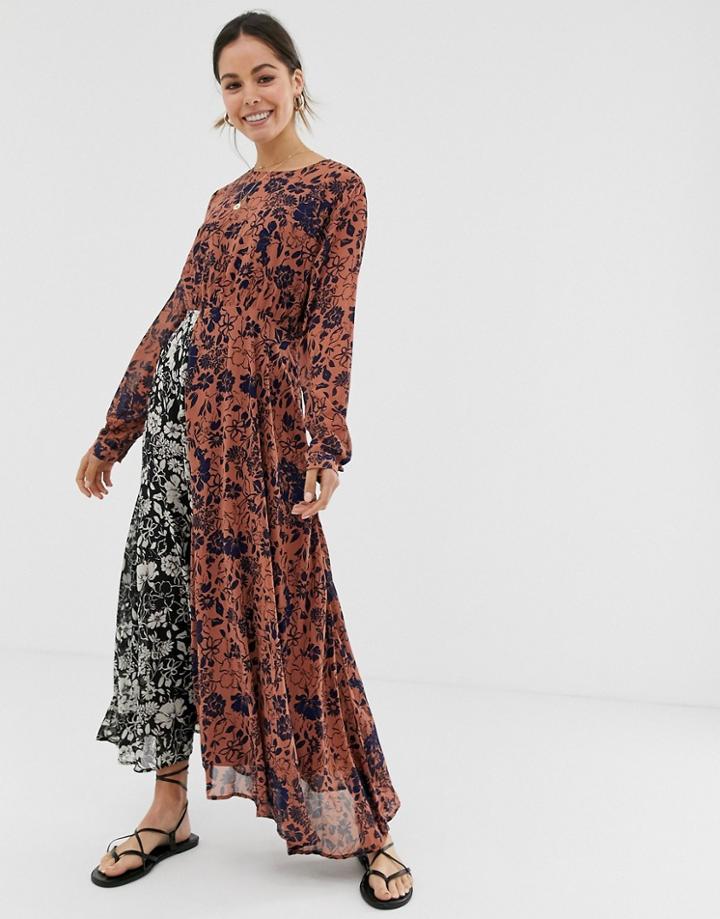 Ghospell Long Sleeve Midi Dress In Contrast Mix Match Print - Multi