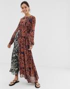 Ghospell Long Sleeve Midi Dress In Contrast Mix Match Print - Multi