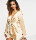Ei8th Hour Long Sleeved Plunge Front Tie Shirt Dress In Stone-neutral
