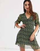 Glamorous Mini Tea Dress With Tie Sleeves In Ditsy Vintage Floral-black
