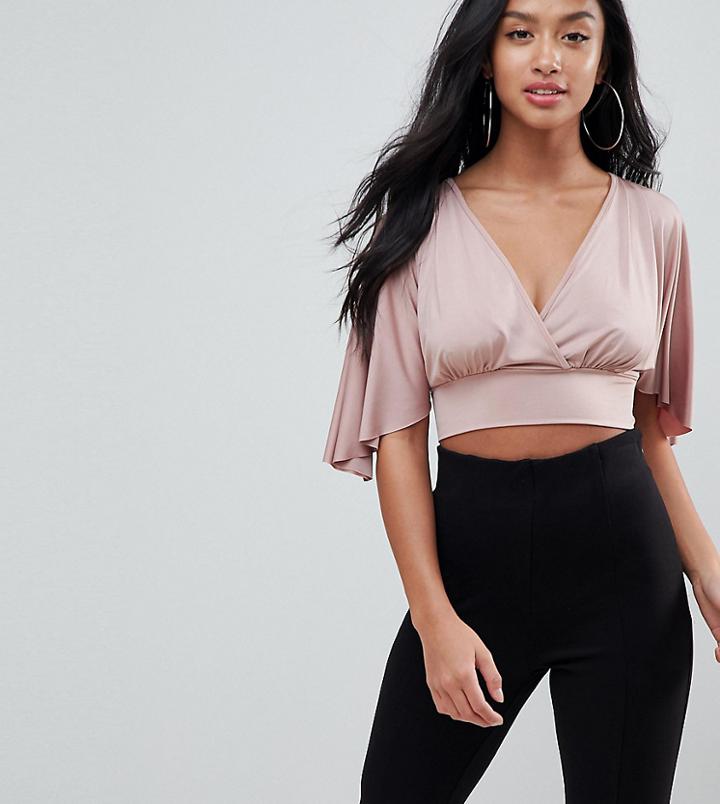 Asos Petite Going Out Angel Sleeve Slinky Crop Top - Beige
