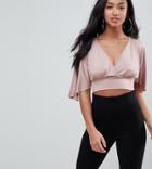 Asos Petite Going Out Angel Sleeve Slinky Crop Top - Beige